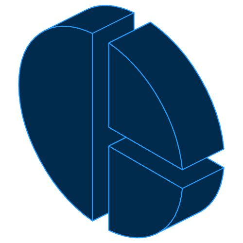 3D pie chart with three segments separated and outlined in blue on a dark background.
